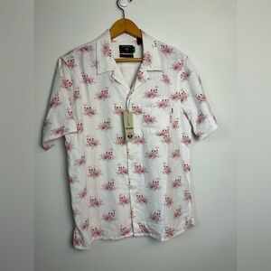 NWT Dockers Men’s Size S Linen Tropical island print Button Down Shirt Natural